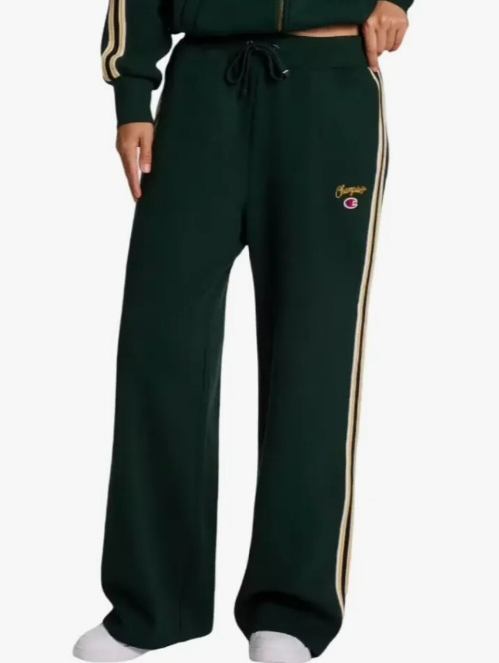 Champion Wide Leg Sweatpants Dark Green & Yellow Stripe Athletic Pants, Size S